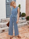 Striped Print Sleeveless O-neck Lace-up Casual Jumpsuit For Women