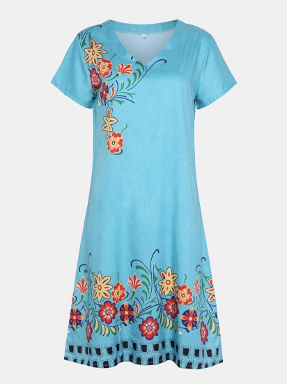 Floral Printed V-neck Short Sleeve Midi Dress - Click Image to Close