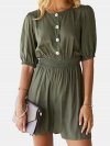 Solid Color Button Elastci Waist Half-sleeved O-neck Jumpsuit For Women