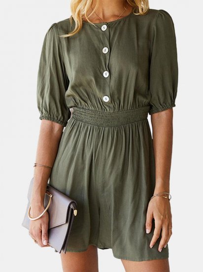 Solid Color Button Elastci Waist Half-sleeved O-neck Jumpsuit For Women - Click Image to Close