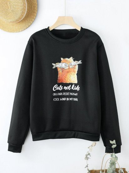 Cartoon Cat Printed Casual Long Sleeve T-Shirt For Women - Click Image to Close