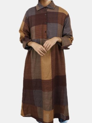 Women Plaid Print Long Sleeves Turn Down Collar Patchwork Dress