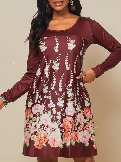 Floral Printed Long Sleeve O-neck Midi Dress - Click Image to Close