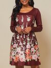 Floral Printed Long Sleeve O-neck Midi Dress