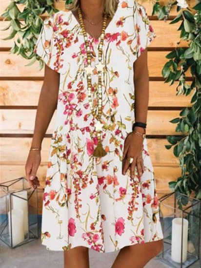 Floral Printed V-neck Short Sleeve Midi Dress - Click Image to Close