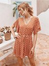 Dot Print Ruffled Sleeves V-neck Casual Jumpsuit For Women