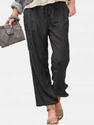 Solid Color Elastic Waist Drawstring Wide Leg Pants With Pocket