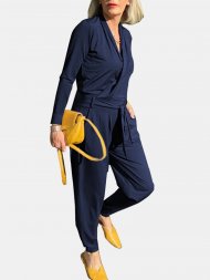 Casual V-neck Solid Color Pockets Knotted Long Sleeve Jumpsuit