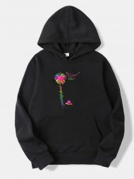 Flower Butterfly Printed Long Sleeve Drawstring Hoodie For Women