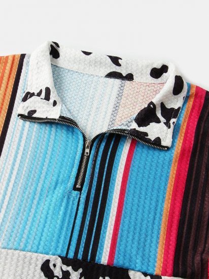 Colorful Striped Print Patchwork Lapel Collar Sweatshirt - Click Image to Close