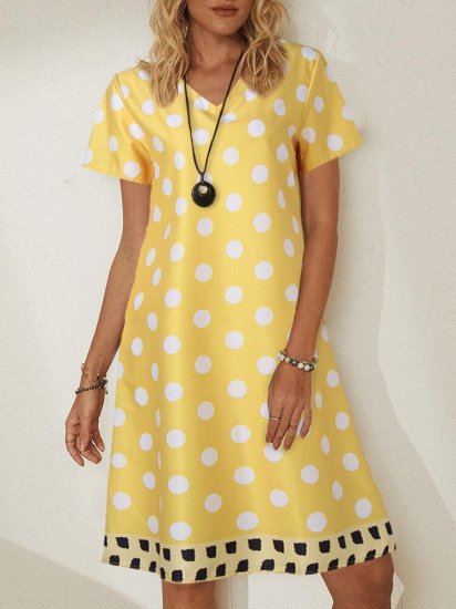 Circle Printed Patchwork V-neck Short Sleeve Midi Dress - Click Image to Close