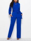 Solid Color Waistband Pocket Long Sleeve Casual Jumpsuit for Women