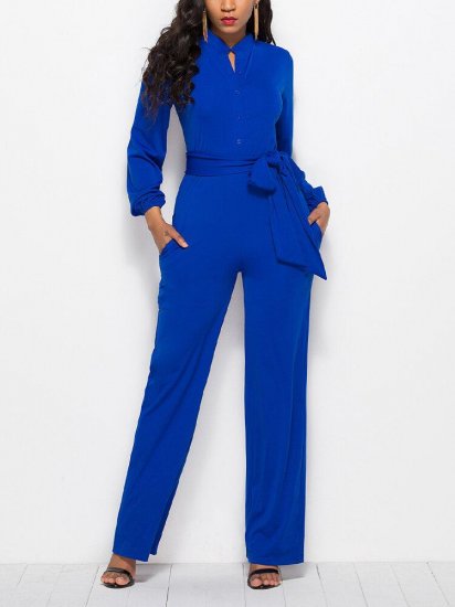 Solid Color Waistband Pocket Long Sleeve Casual Jumpsuit for Women - Click Image to Close