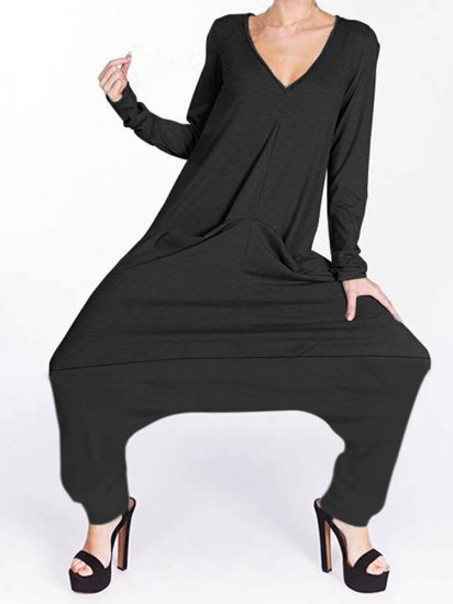 Solid V-neck Long Sleeve Loose Jumpsuit With Pocket - Click Image to Close